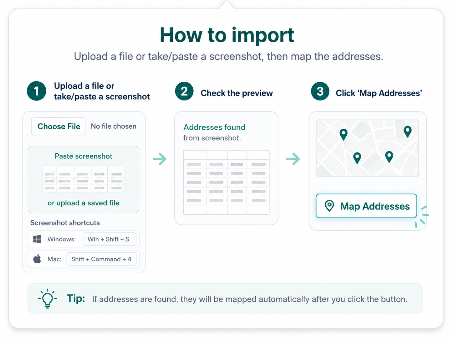 How to import ACI grid screenshot: upload a file or paste a screenshot, check the preview, then click Map Addresses. Windows shortcut Win + Shift + S. Mac shortcut Shift + Command + 4.